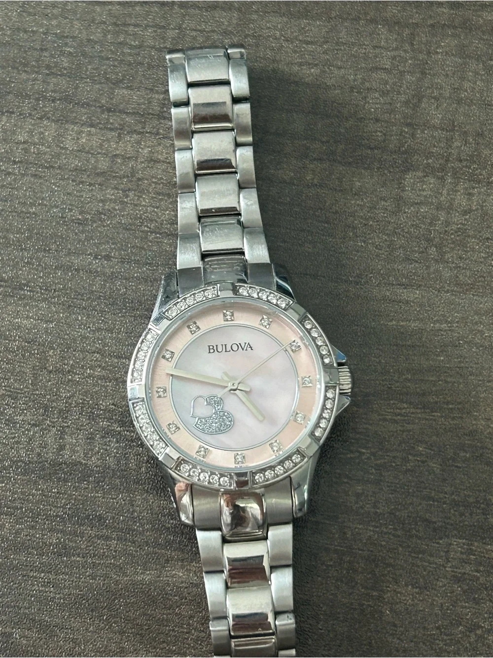 Bulova Silver Watch with Pink Mother-of-Pearl Dial and Crystal Accents
